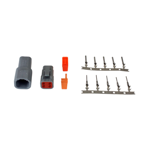 DTM-Style 4-Way Connector Kit. Includes Plug, Receptacle, Plug Wedge Lock, Receptacle Wedge Lock, 5 Female Pins & 5 Male Pins