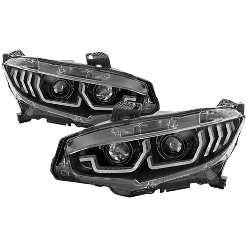 Spyder Head Lights - Honda Civic 16-21 2DR/4DR/Hatchback (will not fit factory led headlight equipped vehicles) W/ LED Sequential Turn Signal Lights Projector Headlight - Black