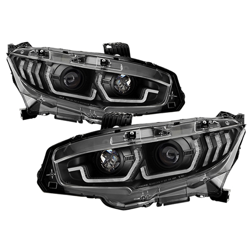 Spyder Head Lights - Honda Civic 2016-2021 2DR/4DR/Hatchback ( Not Compatible With Factory LED Headlight Equipped Vehicles ) Projector Headlights - Sequential Crystal Light Bar Turn Signal Light - DRL U-Shape Crystal Light Bar Parking Light - Greeting Light